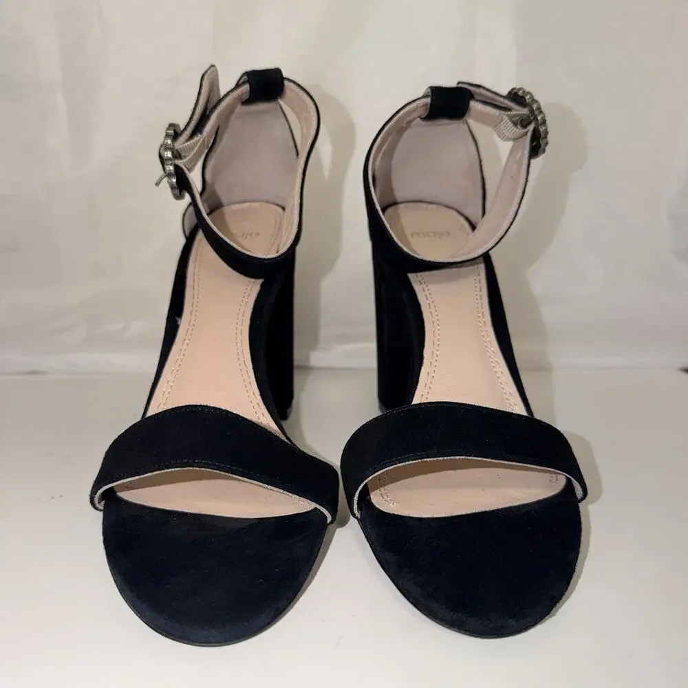 Maje Faria Black Suede Block Heel Sandals 40 US 9 Crystal Buckle Portugal JB2